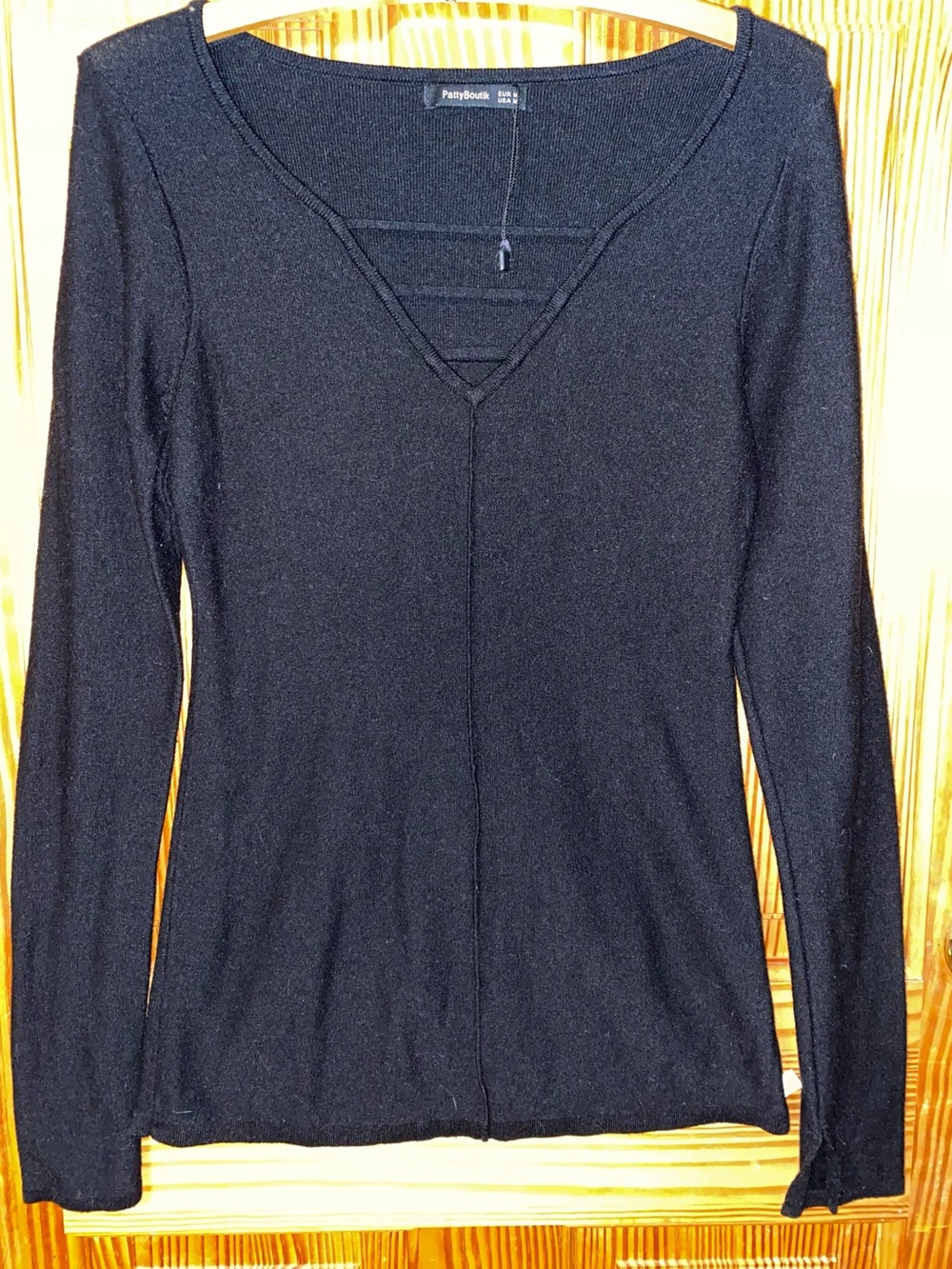 Patti Boutik V Neck Long Sleeve Eyelet Black Shirt Size Medium